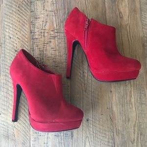JUSTFAB Red Stiletto Platform Booties